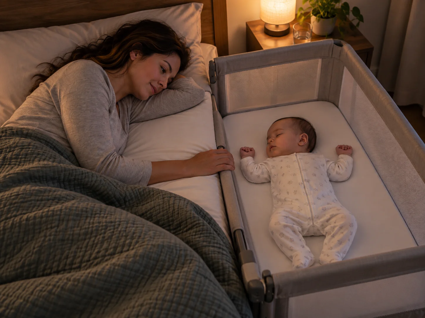 Mamá durmiendo junto a la cuna colecho adosada a la cama